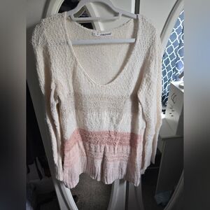 Maurices Cream and Pink V-Neck Sweater